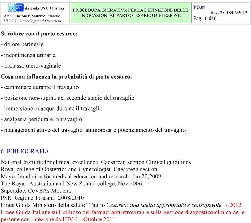 del travaglio 6. BIBLIOGRAFIA National Institute for clinical excellence. Caesarean section Clinical guidilines. Royal college of Obstetrics and Gynecologist.