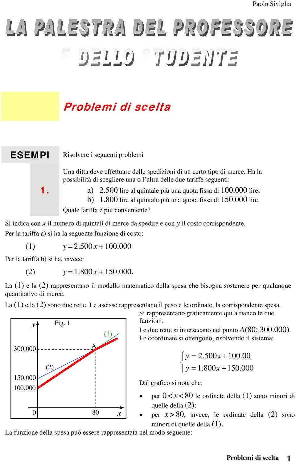 Si indica con x il numero di quintali di merce da spedire e con il costo corrispondente. Per la tariffa a) si ha la seguente funzione di costo: (1) = 2.500 x + 100.