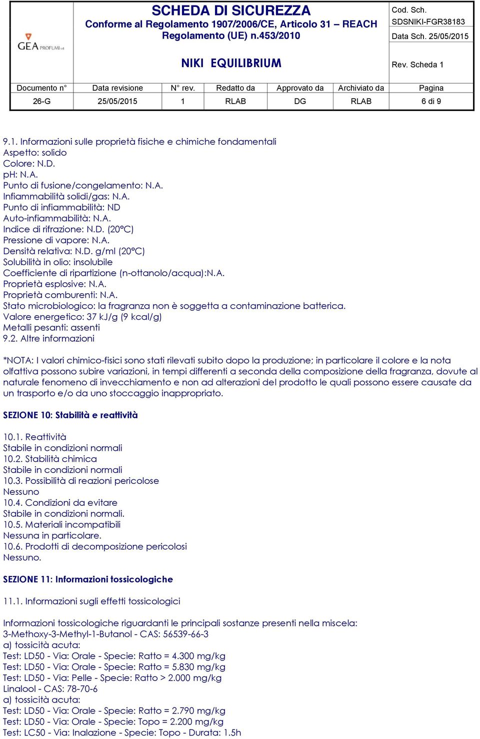 a. Proprietà esplosive: N.A. Proprietà comburenti: N.A. Stato microbiologico: la fragranza non è soggetta a contaminazione batterica. Valore energetico: 37 kj/g (9 kcal/g) Metalli pesanti: assenti 9.