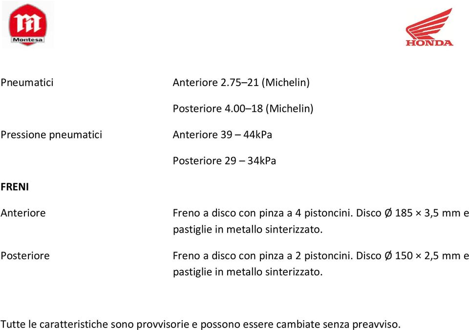 Freno a disco con pinza a 4 pistoncini. Disco Ø 185 3,5 mm e pastiglie in metallo sinterizzato.