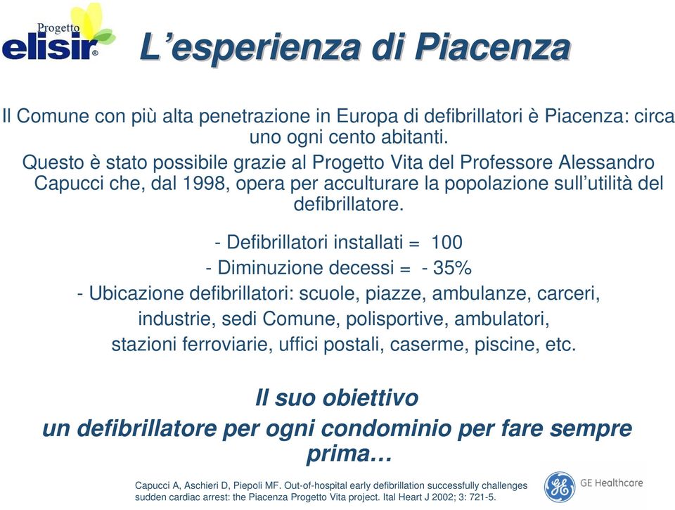 - Defibrillatori installati = 100 - Diminuzione decessi = - 35% - Ubicazione defibrillatori: scuole, piazze, ambulanze, carceri, industrie, sedi Comune, polisportive, ambulatori, stazioni