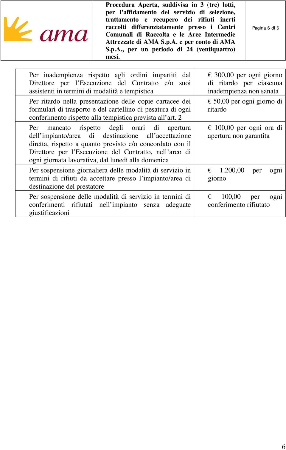 2 Per mancato rispetto degli orari di apertura dell impianto/area di destinazione all accettazione diretta, rispetto a quanto previsto e/o concordato con il Direttore per l Esecuzione del Contratto,