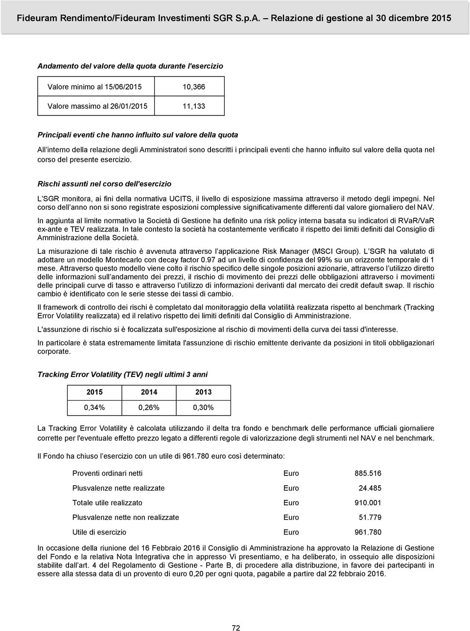 Rischi assunti nel corso dell'esercizio L SGR monitora, ai fini della normativa UCITS, il livello di esposizione massima attraverso il metodo degli impegni.