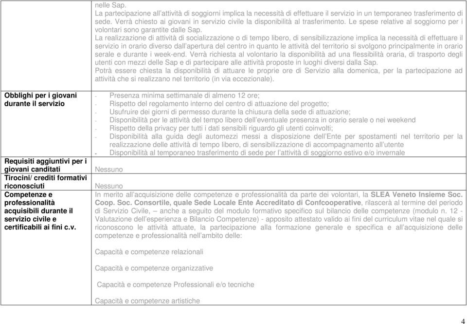 La realizzazione di attività di socializzazione o di tempo libero, di sensibilizzazione implica la necessità di effettuare il servizio in orario diverso dall apertura del centro in quanto le attività