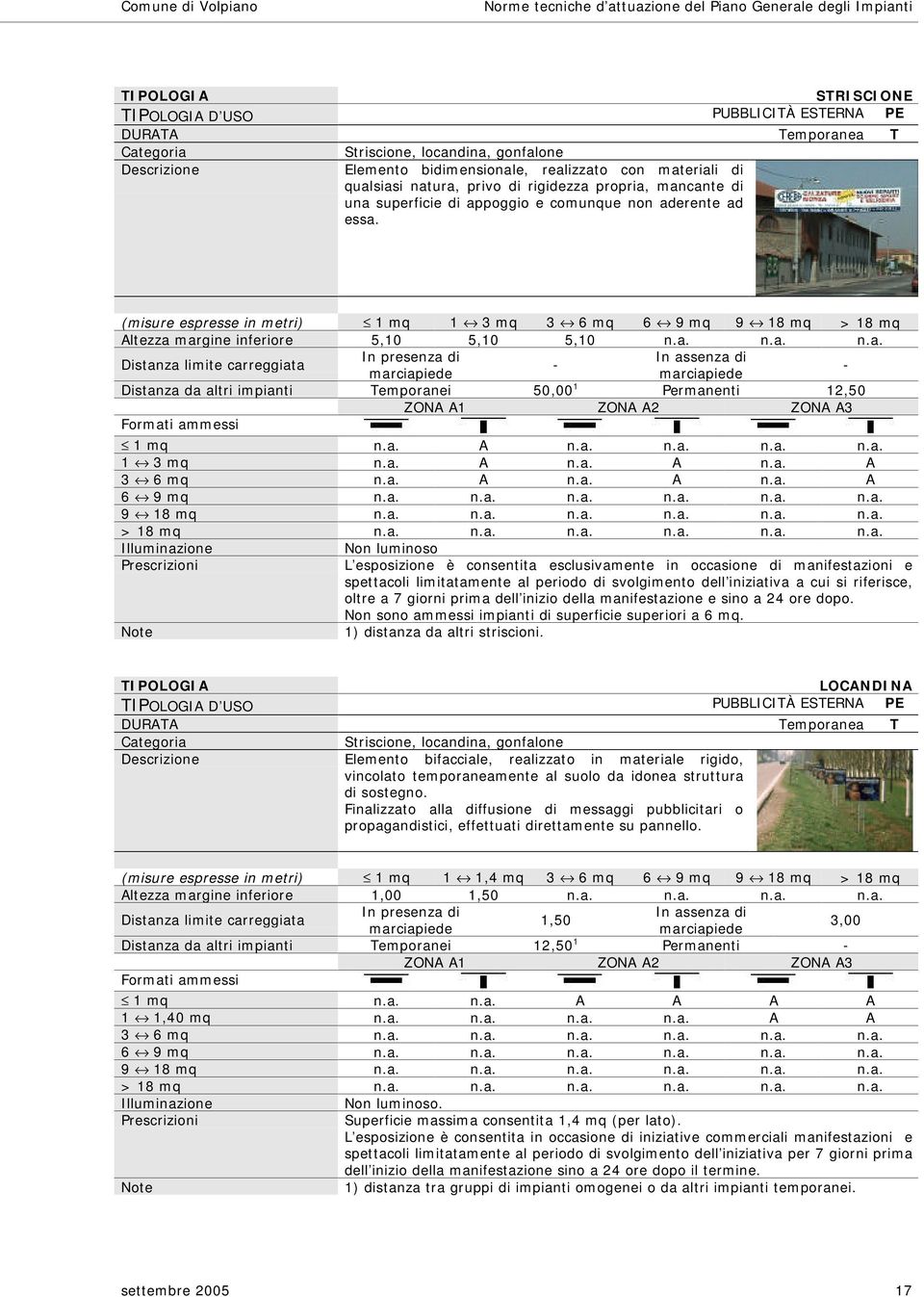 a. n.a. n.a. n.a. 1 3 mq n.a. A n.a. A n.a. A 3 6 mq n.a. A n.a. A n.a. A Non luminoso Prescrizioni L esposizione è consentita esclusivamente in occasione di manifestazioni e spettacoli limitatamente