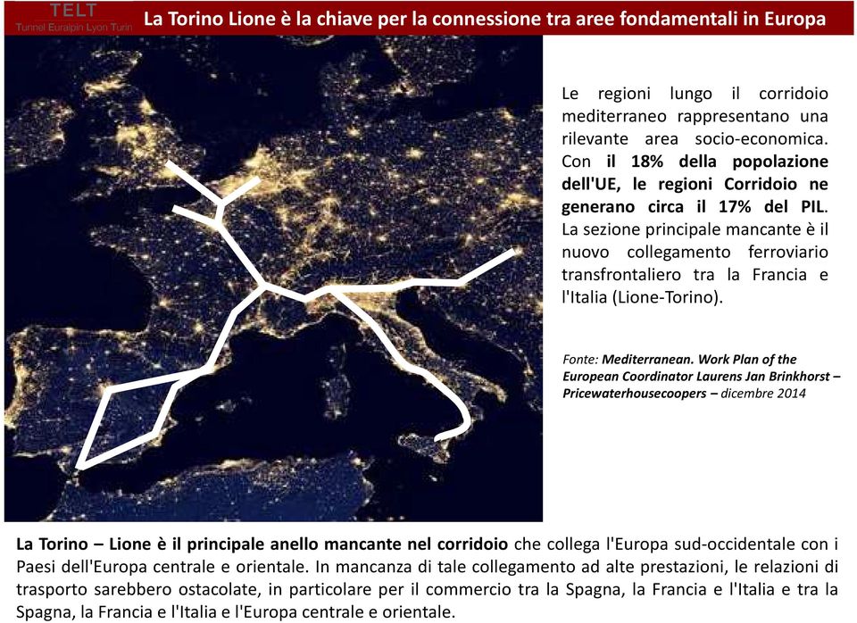 La sezione principale mancante è il nuovo collegamento ferroviario transfrontaliero tra la Francia e l'italia (Lione-Torino). Fonte: Mediterranean.