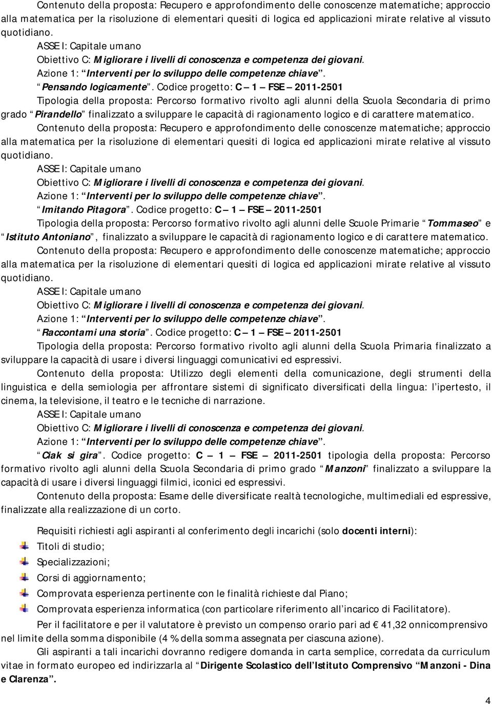 Codice progetto: C 1 FSE 011-501 Tipologia della proposta: Percorso formativo rivolto agli alunni della Scuola Secondaria di primo grado Pirandello finalizzato a sviluppare le capacità di