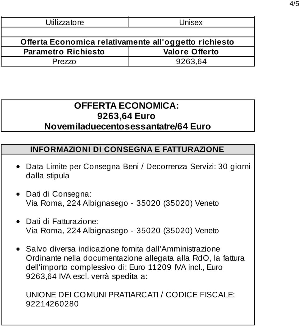 Roma, 224 Albignasego - 35020 (35020) Veneto Dati di Fatturazione: Via Roma, 224 Albignasego - 35020 (35020) Veneto Salvo diversa indicazione fornita dall'amministrazione