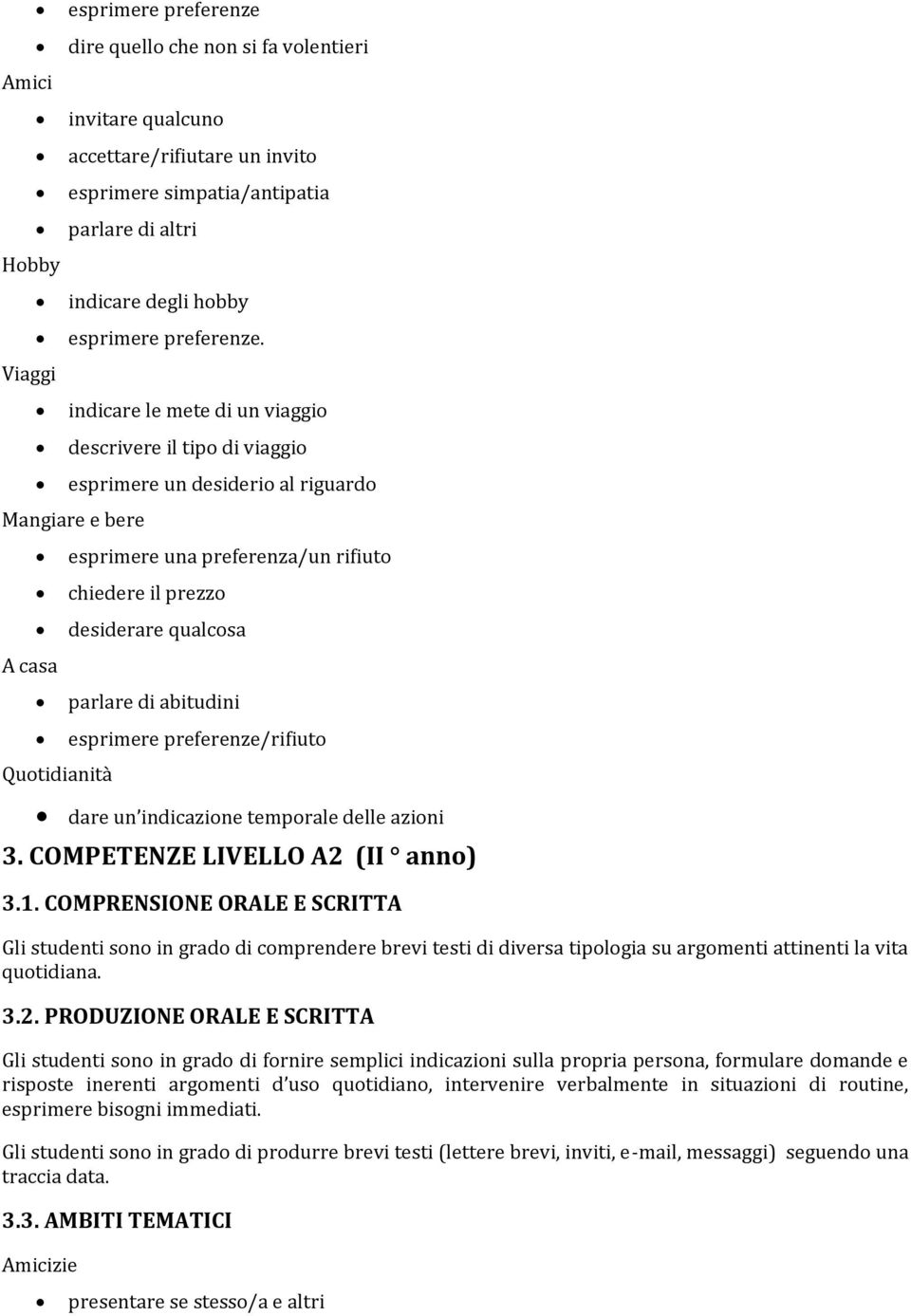 indicare le mete di un viaggio descrivere il tipo di viaggio esprimere un desiderio al riguardo Mangiare e bere A casa Quotidianità esprimere una preferenza/un rifiuto chiedere il prezzo desiderare