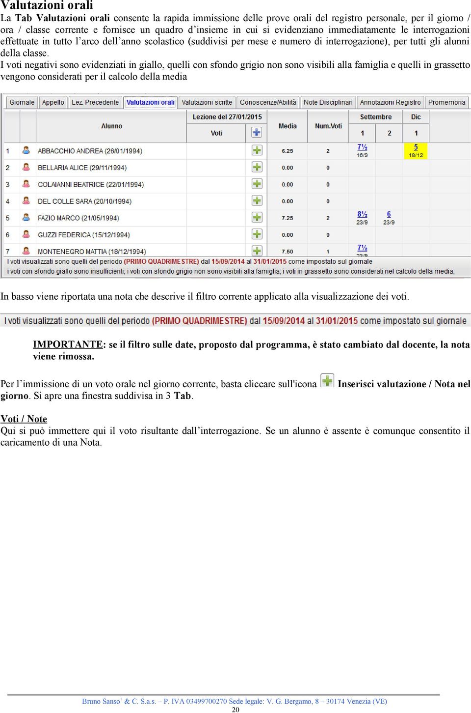 I voti negativi sono evidenziati in giallo, quelli con sfondo grigio non sono visibili alla famiglia e quelli in grassetto vengono considerati per il calcolo della media In basso viene riportata una