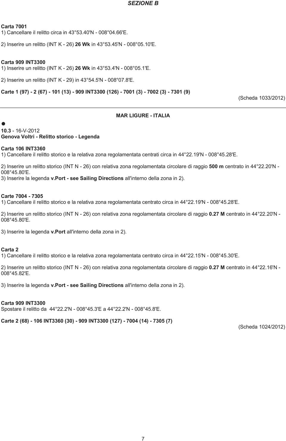 Carte 1 (97) - 2 (67) - 101 (13) - 909 INT3300 (126) - 7001 (3) - 7002 (3) - 7301 (9) (Scheda 1033/2012) 10.