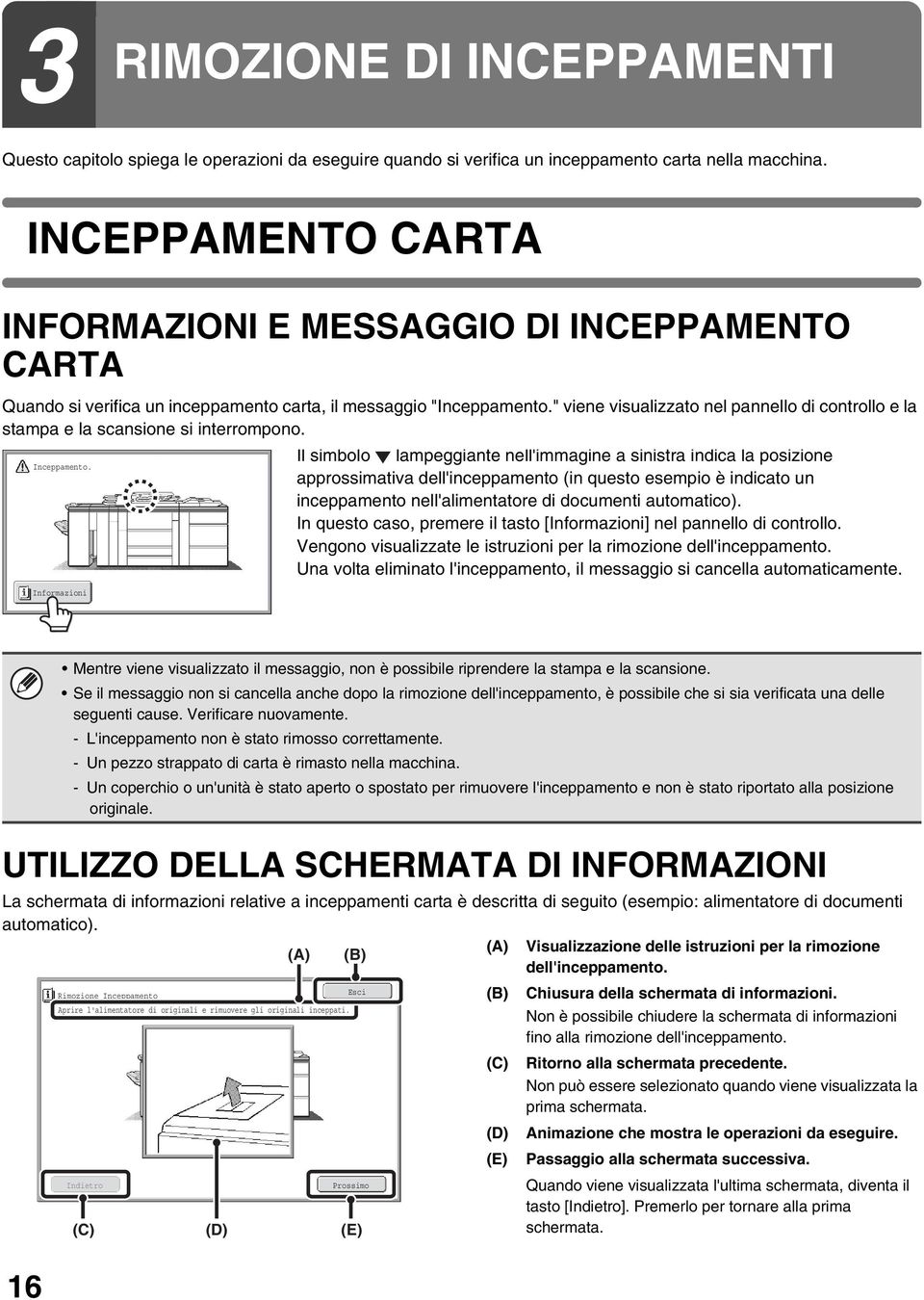 " viene visualizzato nel pannello di controllo e la stampa e la scansione si interrompono. Inceppamento.