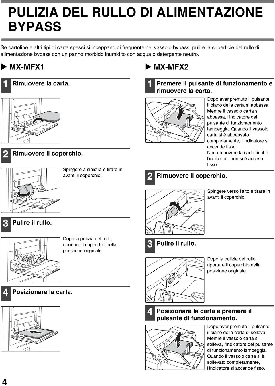 Spingere a sinistra e tirare in avanti il coperchio. Rimuovere il coperchio. Dopo aver premuto il pulsante, il piano della carta si abbassa.