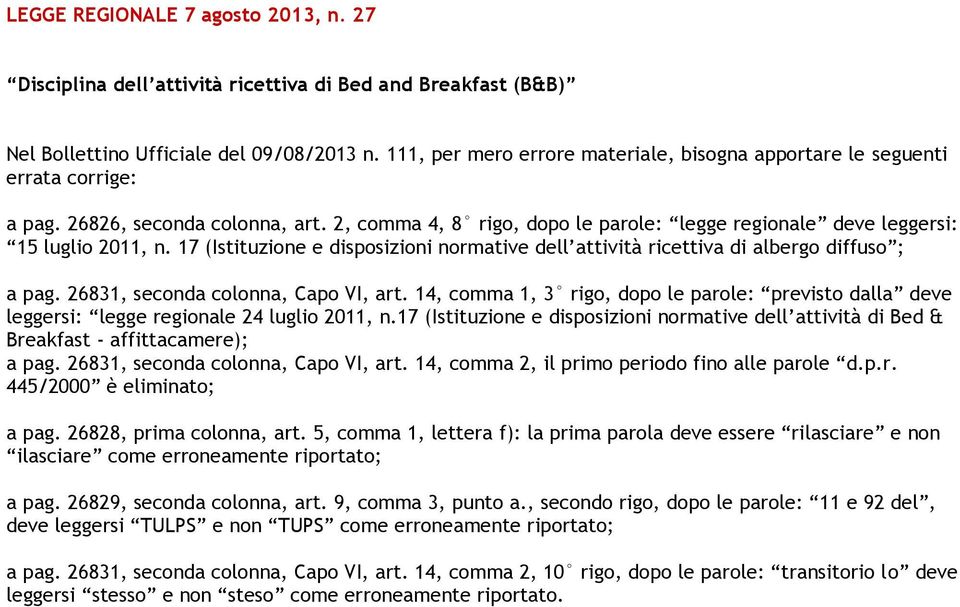 17 (Istituzione e disposizioni normative dell attività ricettiva di albergo diffuso ; a pag. 26831, seconda colonna, Capo VI, art.