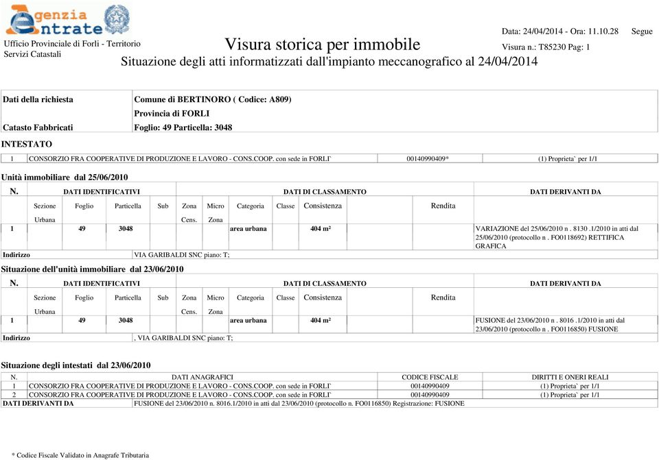 Foglio: 49 Particella: 3048 INTESTATO 1 CONSORZIO FRA COOPERATIVE DI PRODUZIONE E LAVORO - CONS.COOP. con sede in FORLI` 00140990409* (1) Proprieta` per 1/1 Unità immobiliare dal 25/06/2010 N.