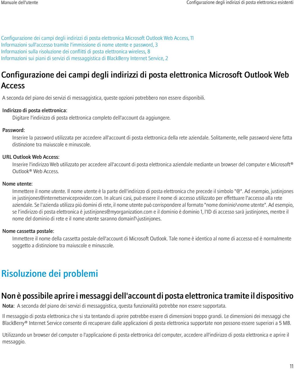 Service, 2 Configurazione dei campi degli indirizzi di posta elettronica Microsoft Outlook Web Access A seconda del piano dei servizi di messaggistica, queste opzioni potrebbero non essere