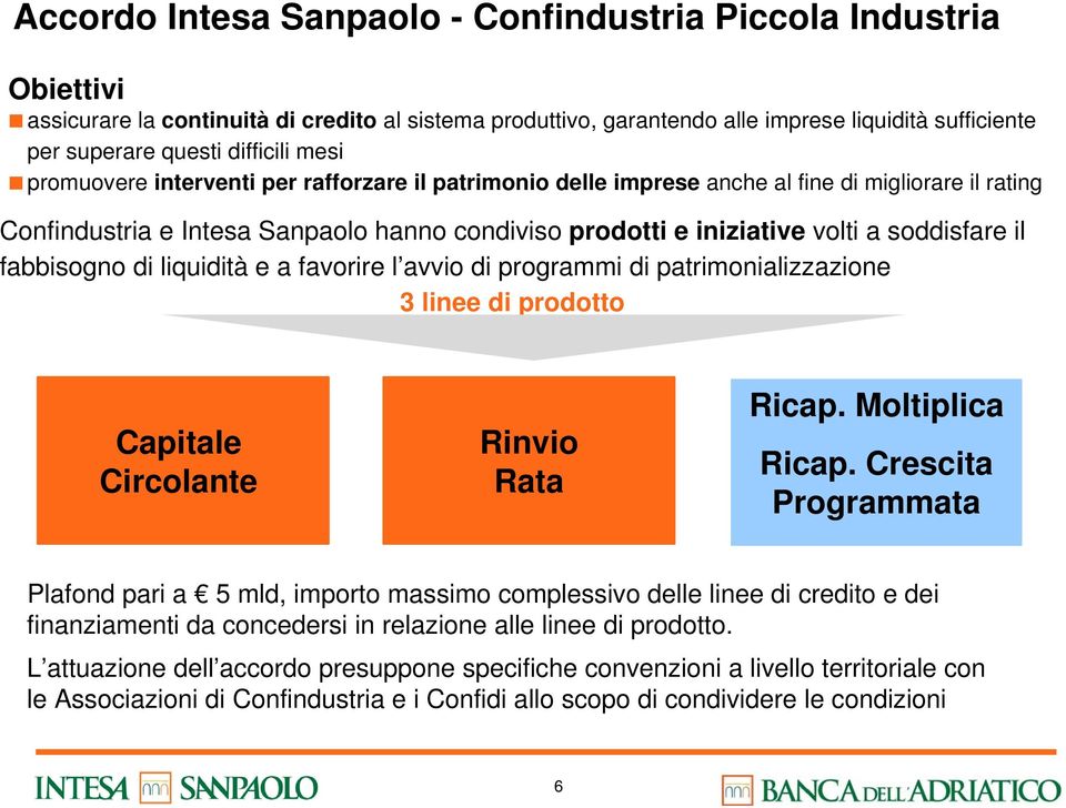 di programmi di patrimonializzazione 3 linee di prodotto Capitale Circolante Rinvio Rata Ricap. Moltiplica Ricap.