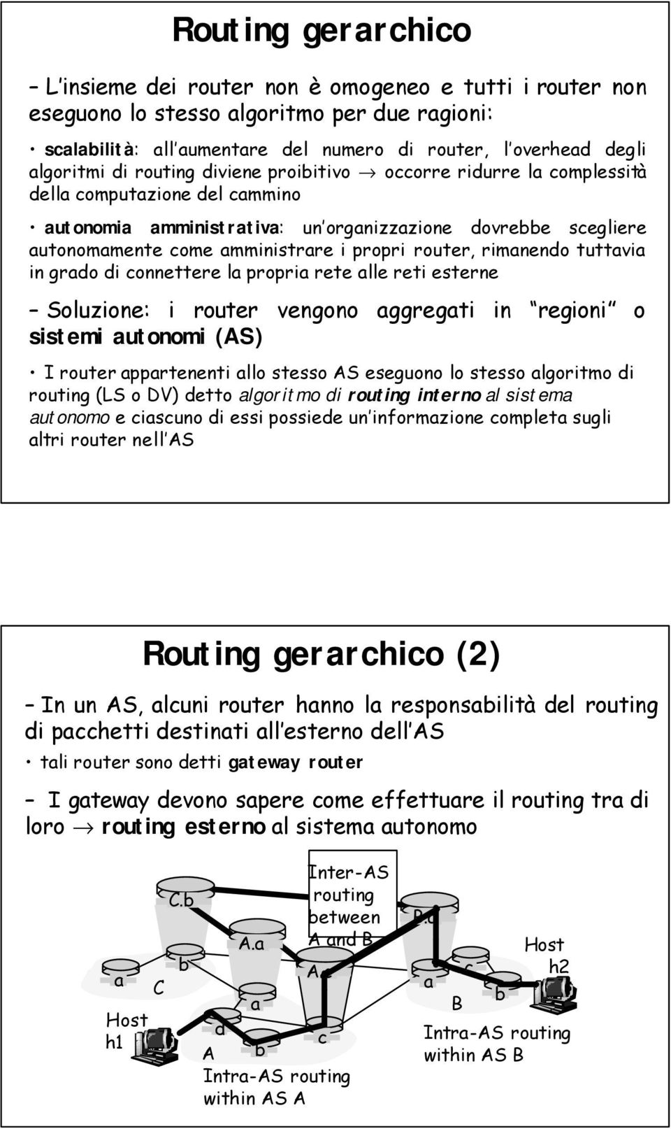 router, rimanendo tuttavia in grado di connettere la propria rete alle reti esterne Soluzione: i router vengono aggregati in regioni o sistemi autonomi (AS) I router appartenenti allo stesso AS