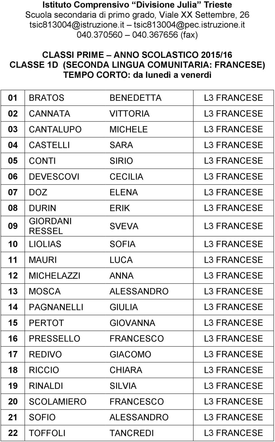 MAURI LUCA L3 FRANCESE 12 MICHELAZZI ANNA L3 FRANCESE 13 MOSCA ALESSANDRO L3 FRANCESE 14 PAGNANELLI GIULIA L3 FRANCESE 15 PERTOT GIOVANNA L3 FRANCESE 16 PRESSELLO FRANCESCO L3