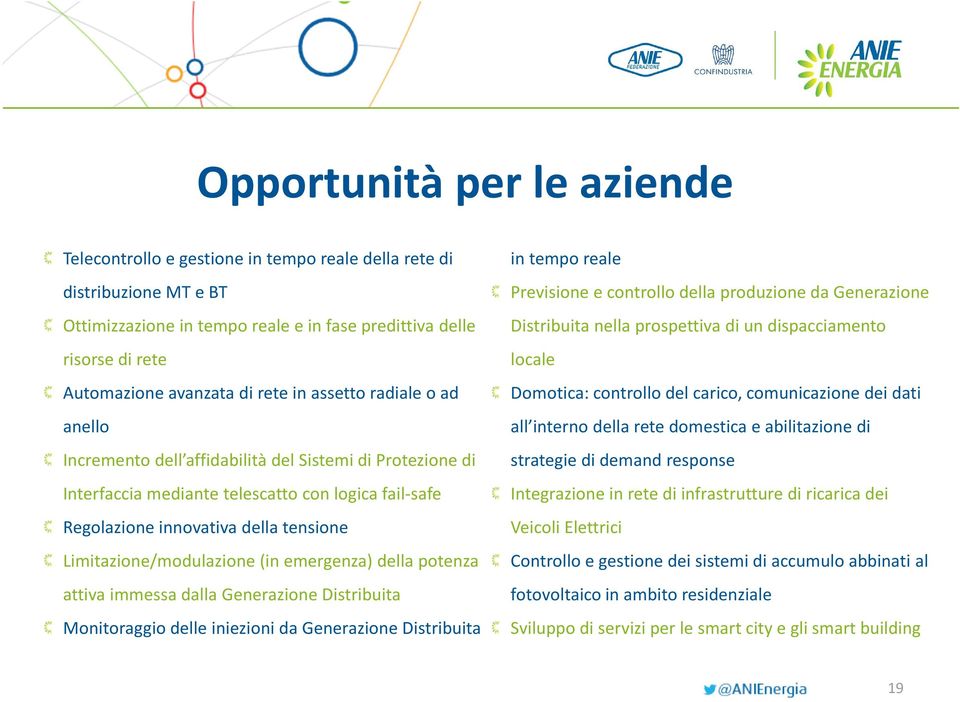 Limitazione/modulazione (in emergenza) della potenza attiva immessa dalla Generazione Distribuita Monitoraggio delle iniezioni da Generazione Distribuita in tempo reale Previsione e controllo della