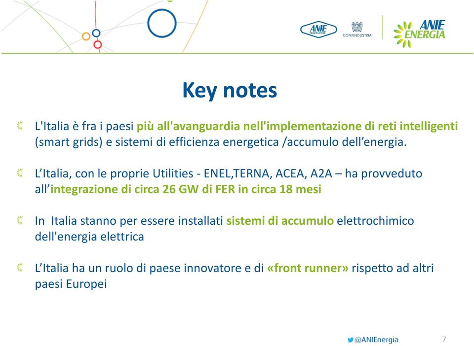 L Italia, con le proprie Utilities - ENEL,TERNA, ACEA, A2A ha provveduto all integrazione di circa 26 GW di FER in circa