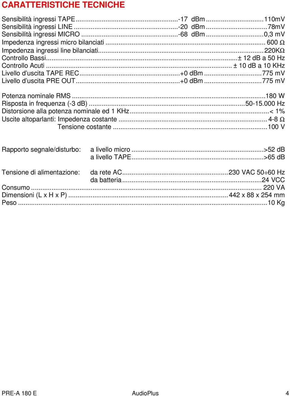 ..18 W Risposta in frequenza (-3 db)...5-15. Hz Distorsione alla potenza nominale ed 1 KHz...< 1% Uscite altoparlanti: Impedenza costante... 4-8 Ω Tensione costante.