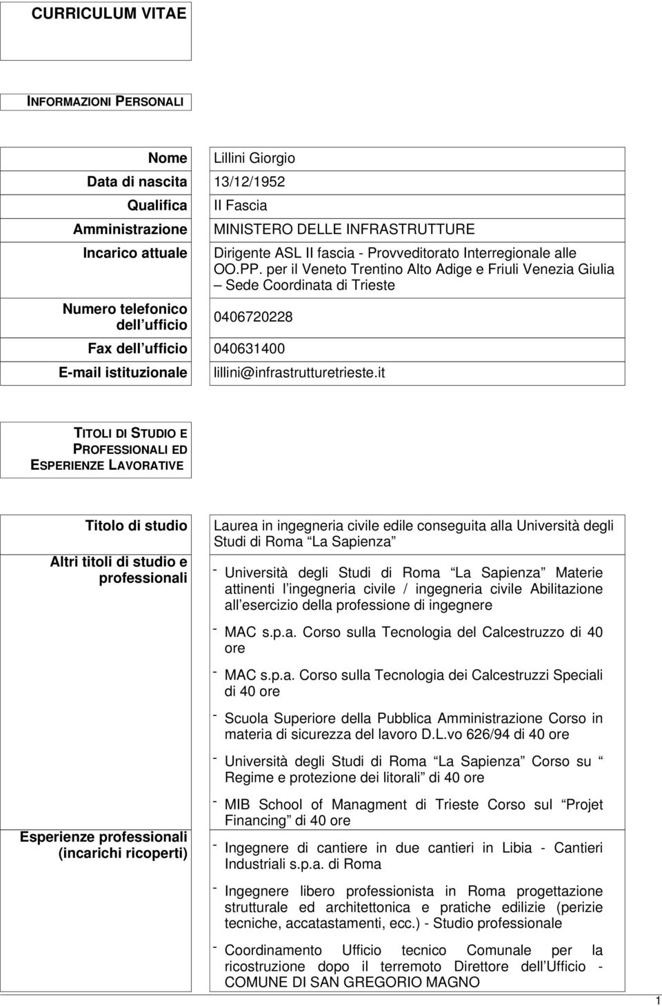 per il Veneto Trentino Alto Adige e Friuli Venezia Giulia Sede Coordinata di Trieste 0406720228 Fax dell ufficio 040631400 E-mail istituzionale lillini@infrastrutturetrieste.