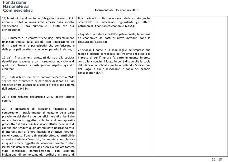 relative; 19 bis) i finanziamenti effettuati dai soci alla società, ripartiti per scadenze e con la separata indicazione di quelli con clausola di postergazione rispetto agli altri creditori; 20) i