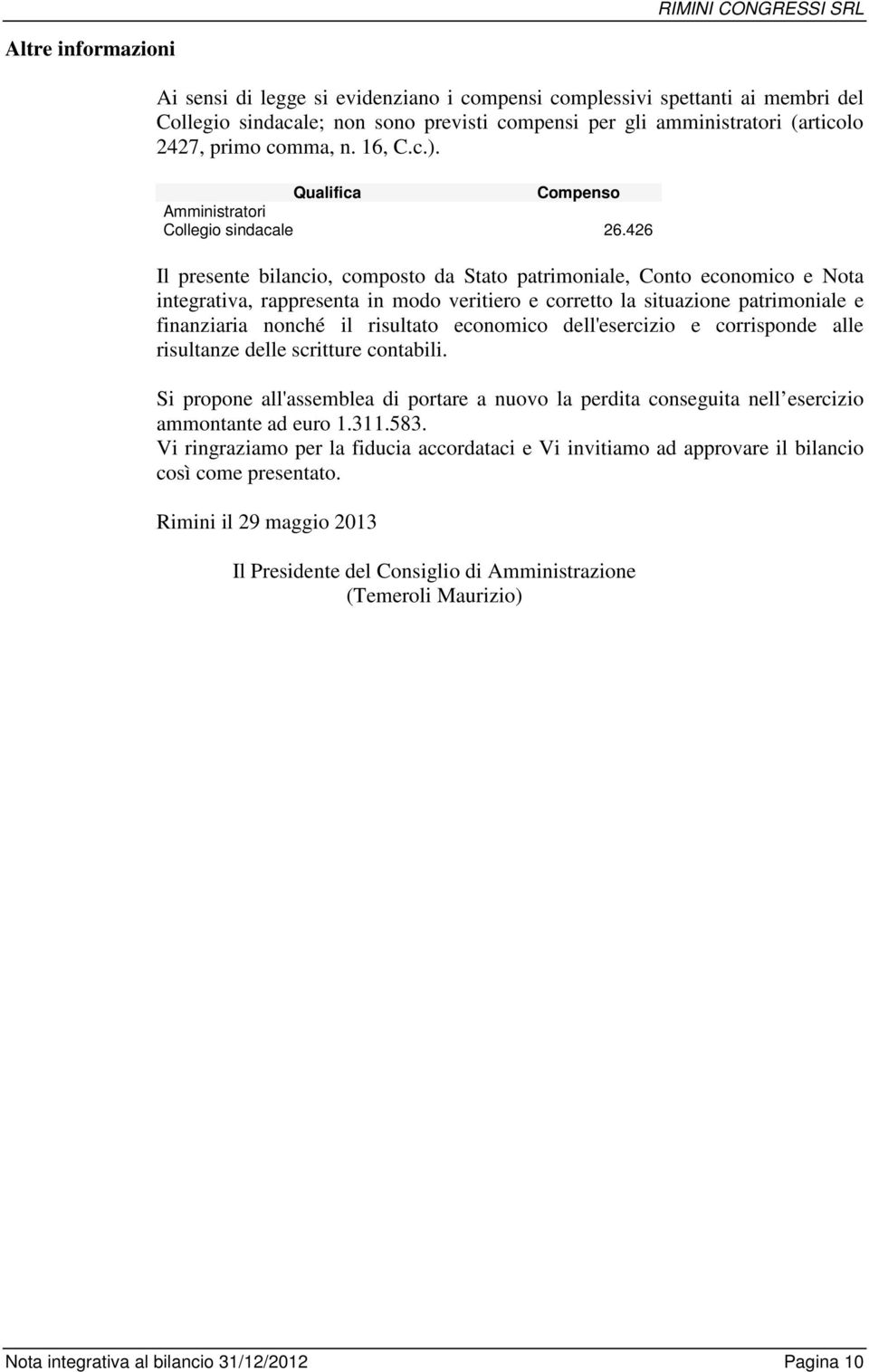 426 Il presente bilancio, composto da Stato patrimoniale, Conto economico e Nota integrativa, rappresenta in modo veritiero e corretto la situazione patrimoniale e finanziaria nonché il risultato