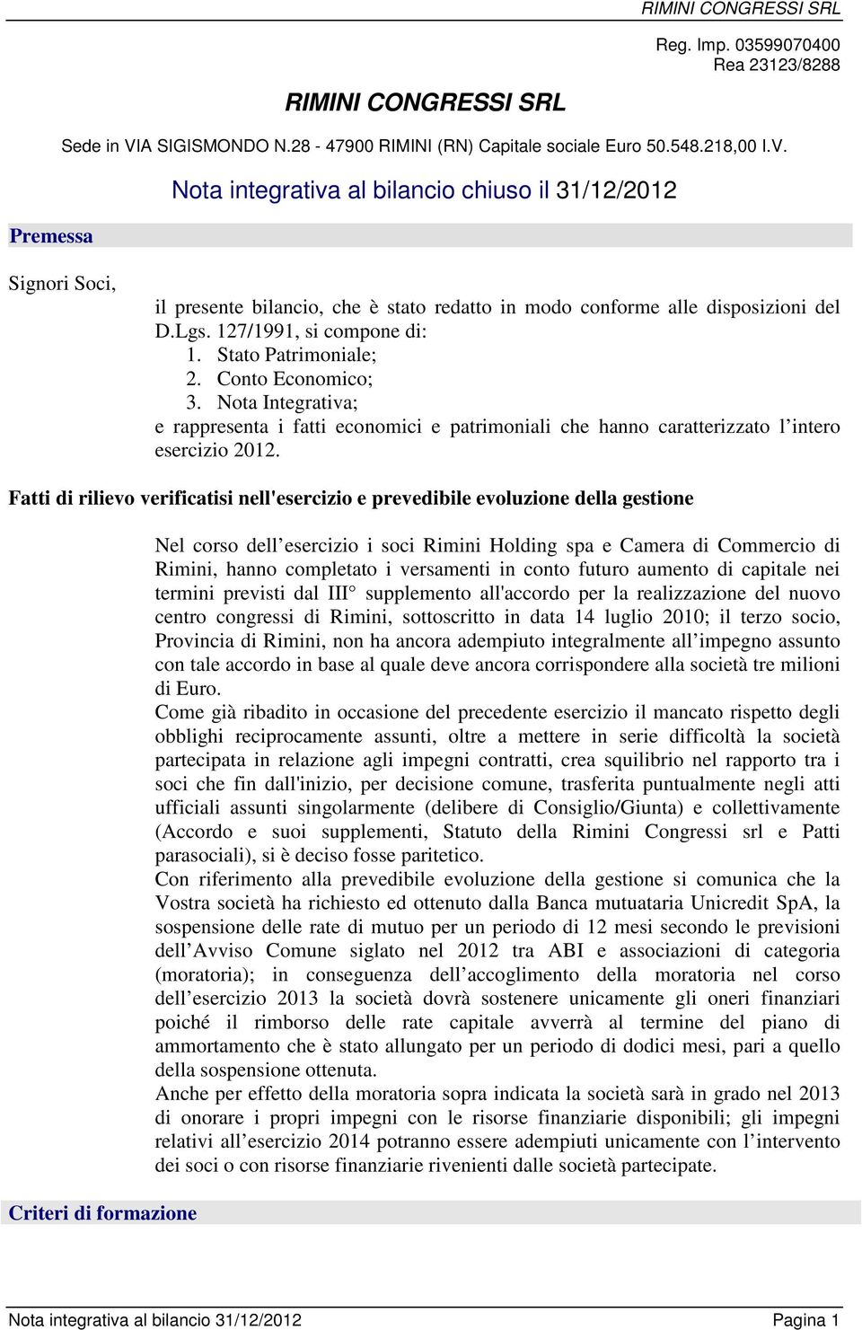 Nota integrativa al bilancio chiuso il 31/12/2012 Signori Soci, il presente bilancio, che è stato redatto in modo conforme alle disposizioni del D.Lgs. 127/1991, si compone di: 1.