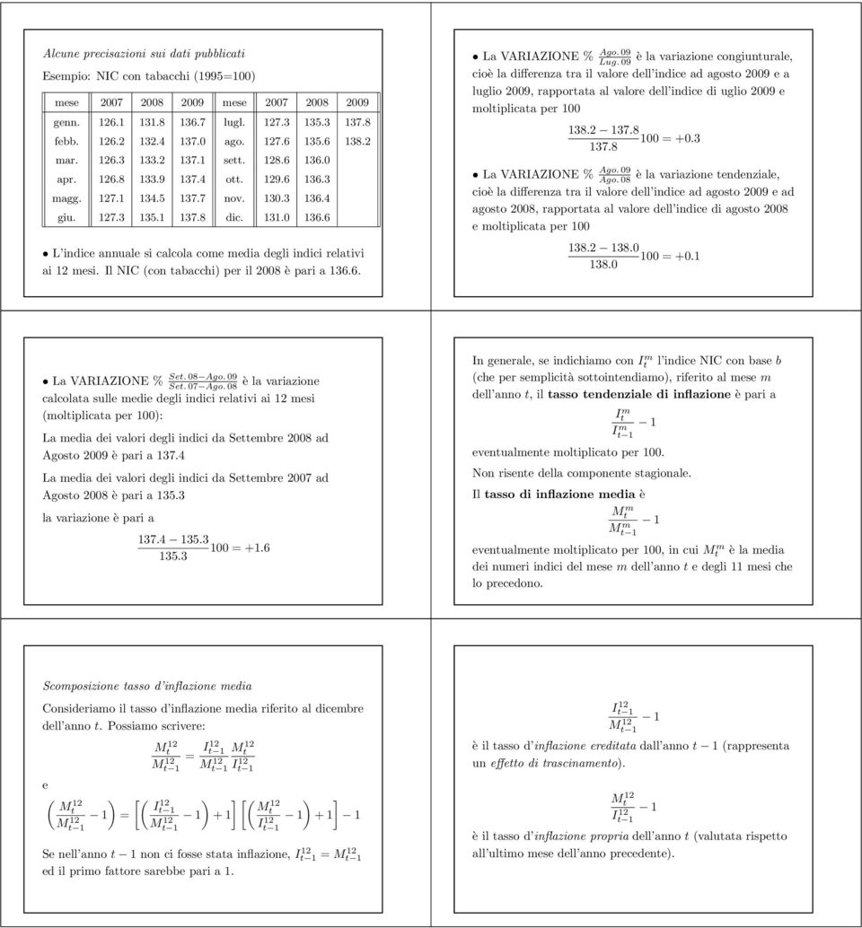 6 L indice annuale si calcola come media degli indici relaivi ai mesi. Il NIC (con abacchi) per il 2008 è pari a 136.6. Ago. 09 La VARIAZIONE % Lug.