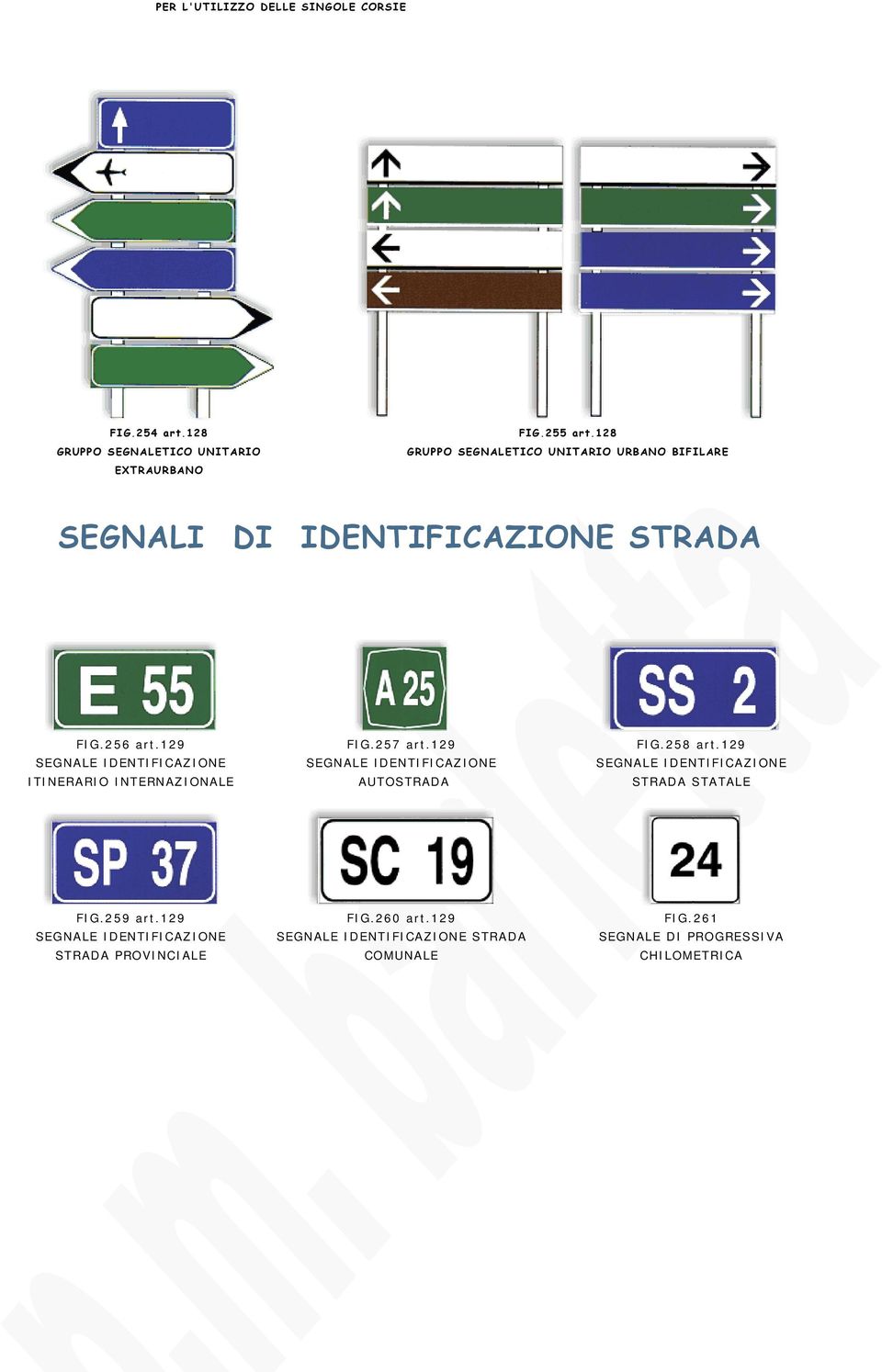 129 SEGNALE IDENTIFICAZIONE ITINERARIO INTERNAZIONALE FIG.257 art.129 SEGNALE IDENTIFICAZIONE AUTOSTRADA FIG.258 art.