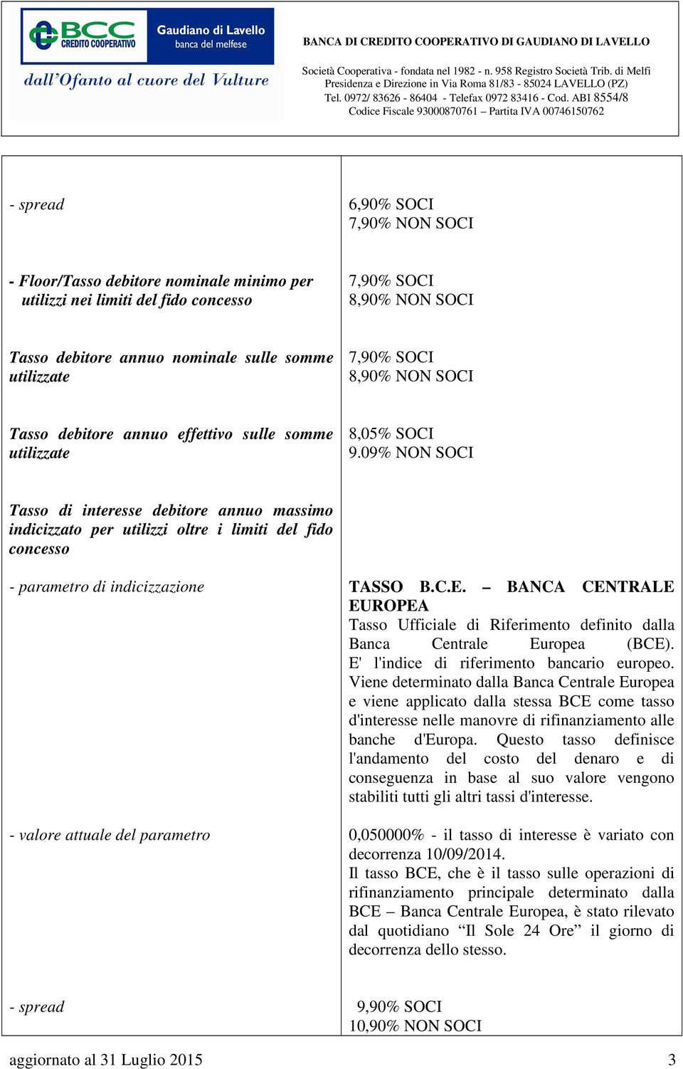 09% NON SOCI Tasso di interesse debitore annuo massimo indicizzato per utilizzi oltre i limiti del fido concesso - parametro di indicizzazione - valore attuale del parametro TASSO B.C.E.