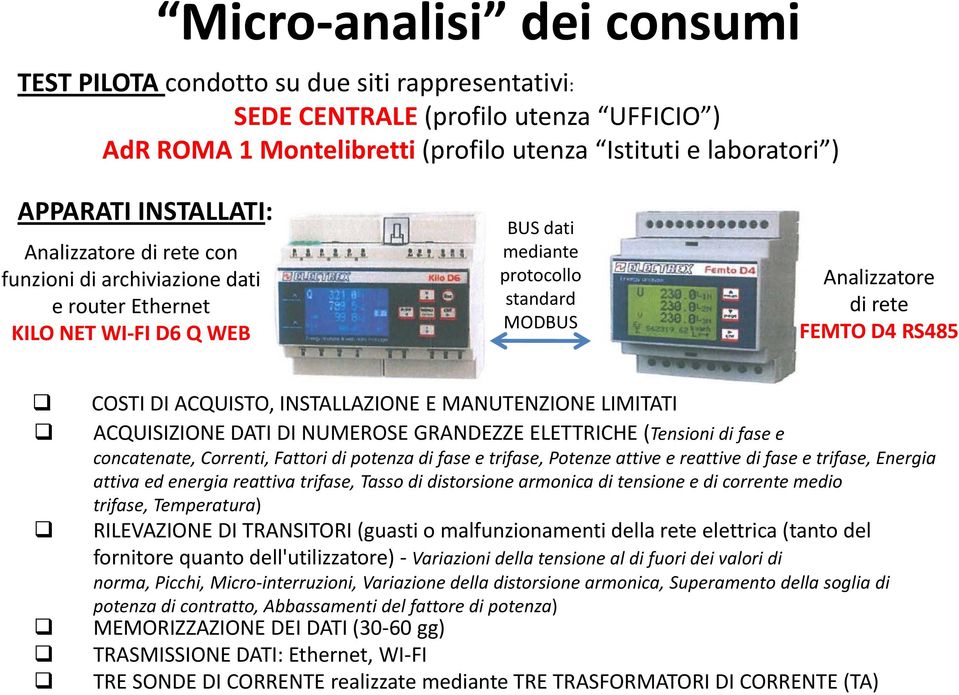 ACQUISTO, INSTALLAZIONE E MANUTENZIONE LIMITATI ACQUISIZIONE DATI DI NUMEROSE GRANDEZZE ELETTRICHE (Tensioni di fase e concatenate, Correnti, Fattori di potenza di fase e trifase, Potenze attive e