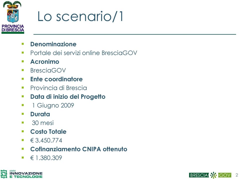 Brescia Data di inizio del Progetto 1 Giugno 2009 Durata 30