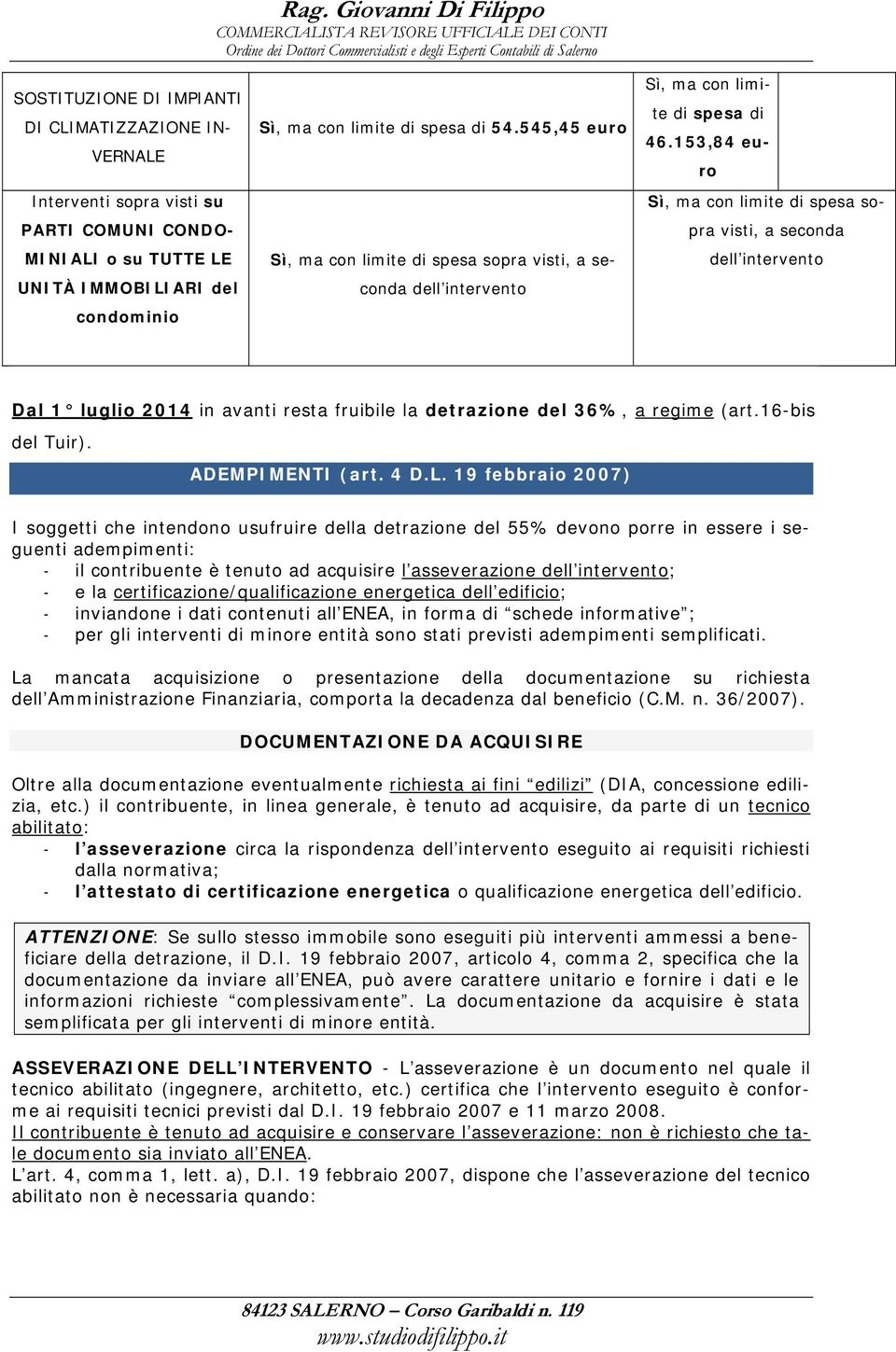 153,84 euro Sì, ma con limite di spesa sopra visti, a seconda dell intervento Dal 1 luglio 2014 in avanti resta fruibile la detrazione del 36%, a regime (art.16-bis del Tuir). ADEMPIMENTI (art. 4 D.L.