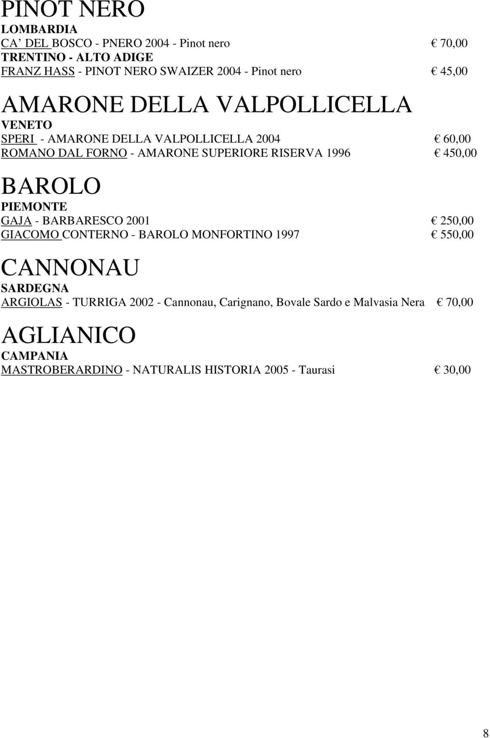 450,00 BAROLO PIEMONTE GAJA - BARBARESCO 2001 250,00 GIACOMO CONTERNO - BAROLO MONFORTINO 1997 550,00 CANNONAU SARDEGNA ARGIOLAS - TURRIGA