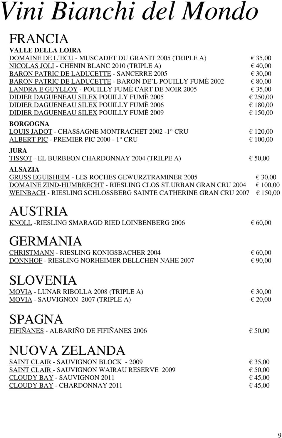 SILEX POUILLY FUMب 2006 180,00 DIDIER DAGUENEAU SILEX POUILLY FUMب 2009 150,00 BORGOGNA LOUIS JADOT - CHASSAGNE MONTRACHET 2002-1 CRU 120,00 ALBERT PIC - PREMIER PIC 2000-1 CRU 100,00 JURA TISSOT -