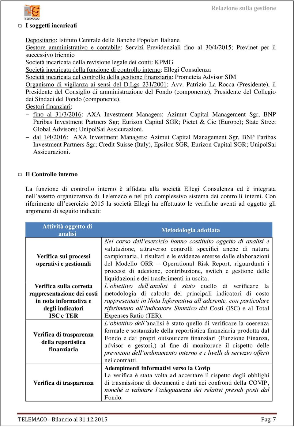 gestione finanziaria: Prometeia Advisor SIM Organismo di vigilanza ai sensi del D.Lgs 231/2001: Avv.