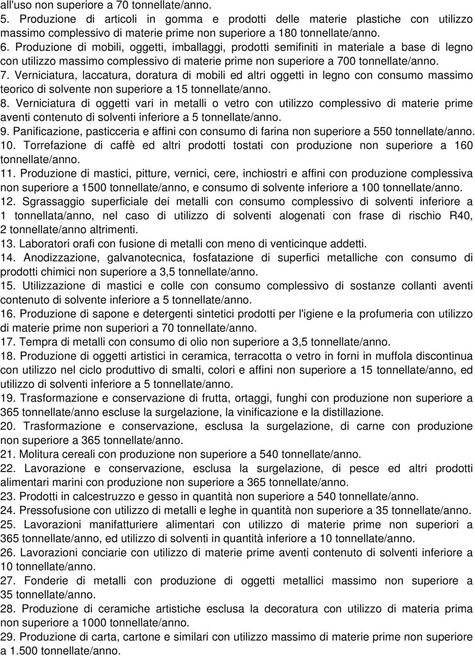 0 tonnellate/anno. 7. Verniciatura, laccatura, doratura di mobili ed altri oggetti in legno con consumo massimo teorico di solvente non superiore a 15 tonnellate/anno. 8.