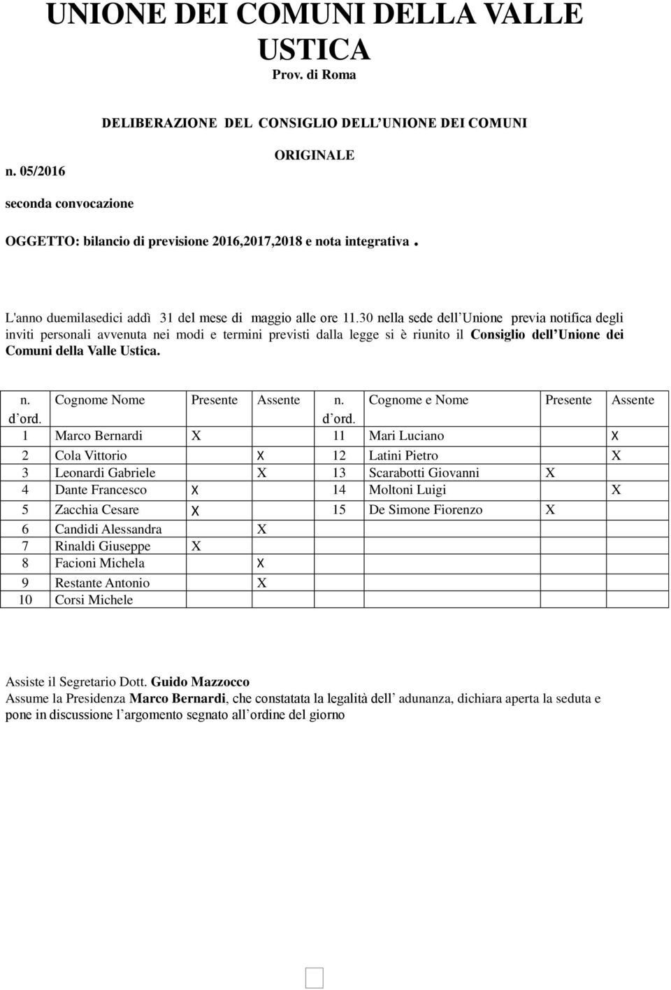 30 nella sede dell Unione previa notifica degli inviti personali avvenuta nei modi e termini previsti dalla legge si è riunito il Consiglio dell Unione dei Comuni della Valle Ustica. n. Cognome Nome Presente Assente n.