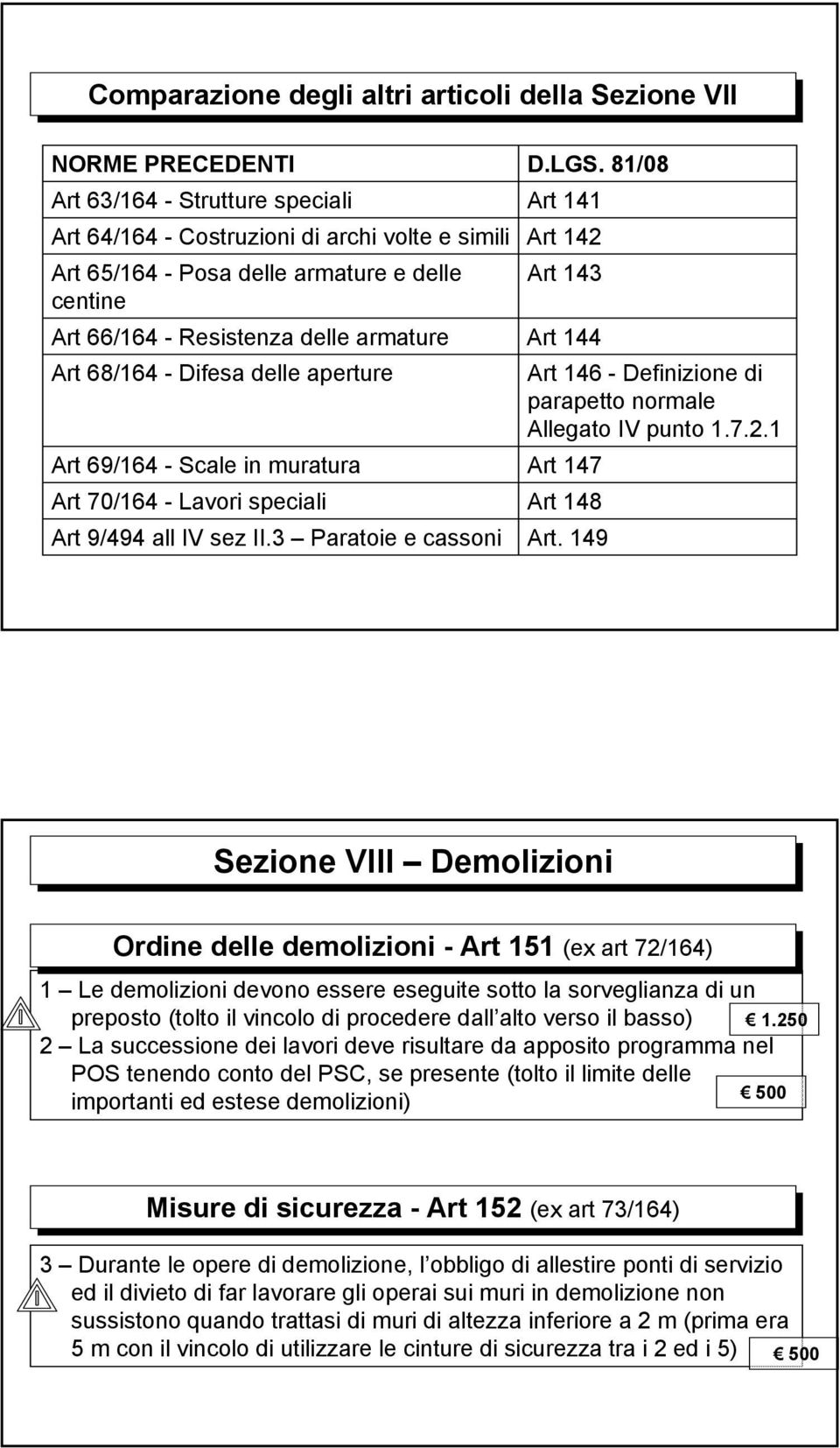 3 Paratoie e cassoni Art 146 - Definizione di parapetto normale Allegato IV punto 1.7.2.1 Art 147 Art 148 Art.