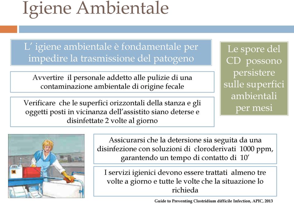 possono persistere sulle superfici ambientali per mesi Assicurarsi che la detersione sia seguita da una disinfezione con soluzioni di cloroderivati 1000 ppm, garantendo un tempo di