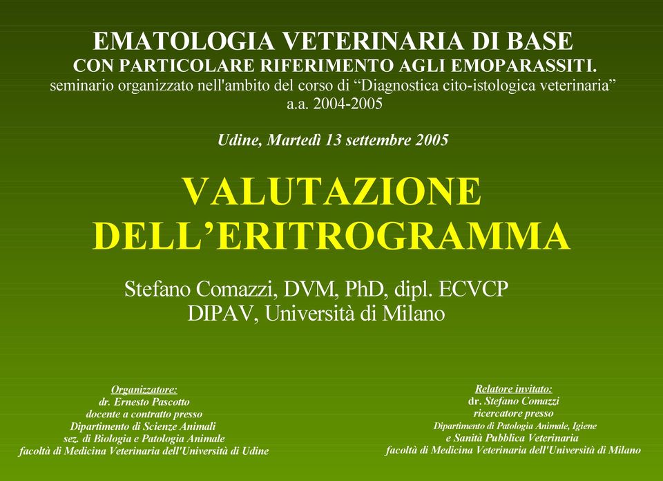 ECVCP DIPAV, Università di Milano Organizzatore: dr. Ernesto Pascotto docente a contratto presso Dipartimento di Scienze Animali sez.