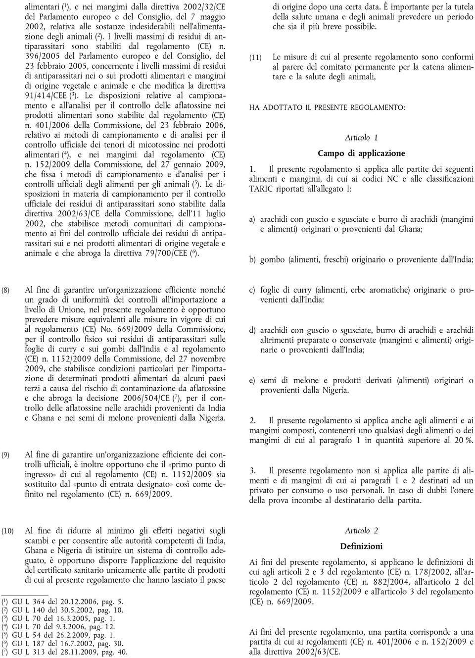 396/2005 del Parlamento europeo e del Consiglio, del 23 febbraio 2005, concernente i livelli massimi di residui di antiparassitari nei o sui prodotti alimentari e mangimi di origine vegetale e