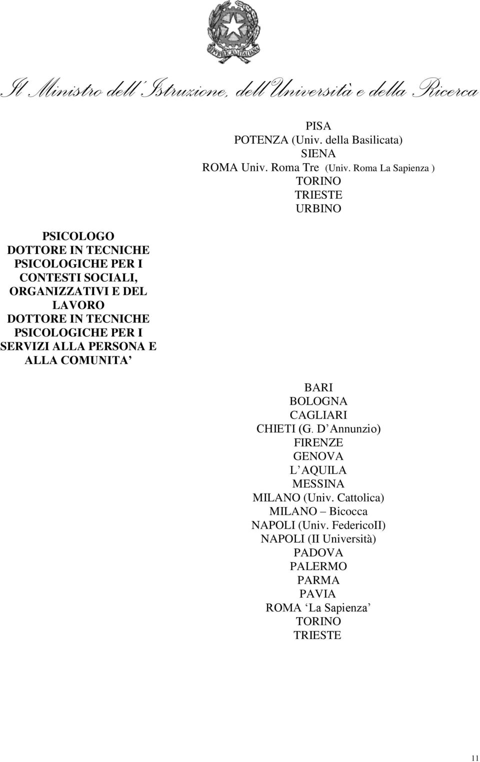 della Basilicata) SIENA ROMA Univ. Roma Tre (Univ. Roma La Sapienza ) TORINO URBINO BARI CAGLIARI CHIETI (G.