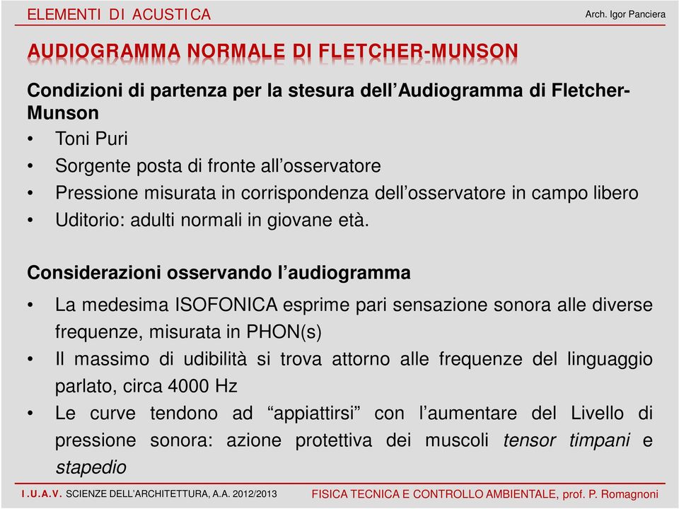 Considerazioni osservando l audiogramma La medesima ISOFONICA esprime pari sensazione sonora alle diverse frequenze, misurata in PHON(s) Il massimo di udibilità