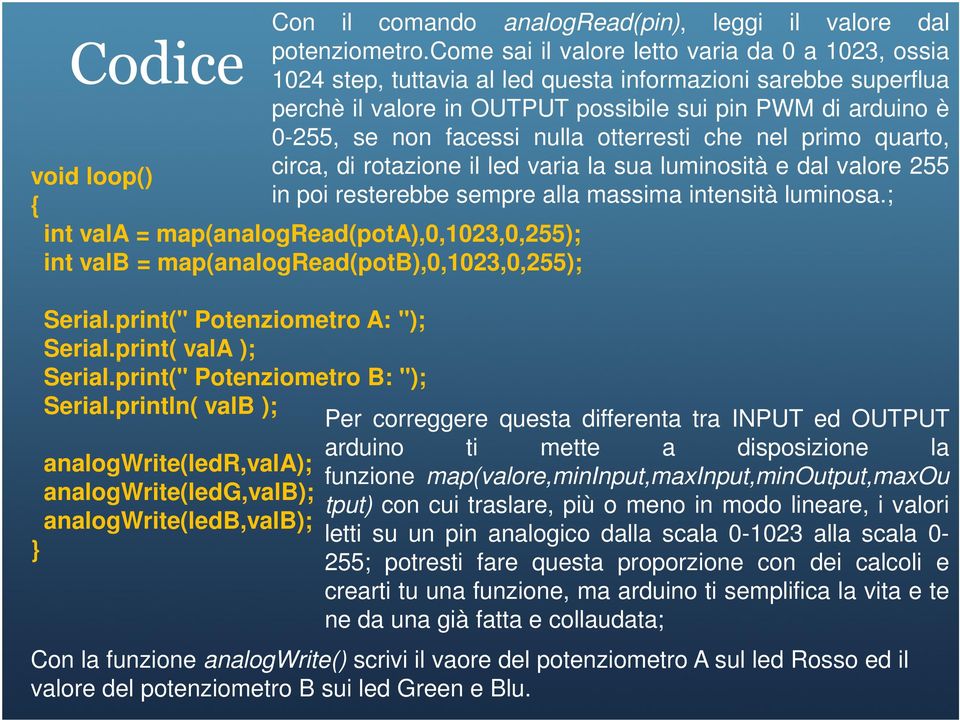 nulla otterresti che nel primo quarto, void loop() { int vala = map(analogread(pota),0,1023,0,255); int valb = map(analogread(potb),0,1023,0,255); Serial.print(" Potenziometro A: "); Serial.