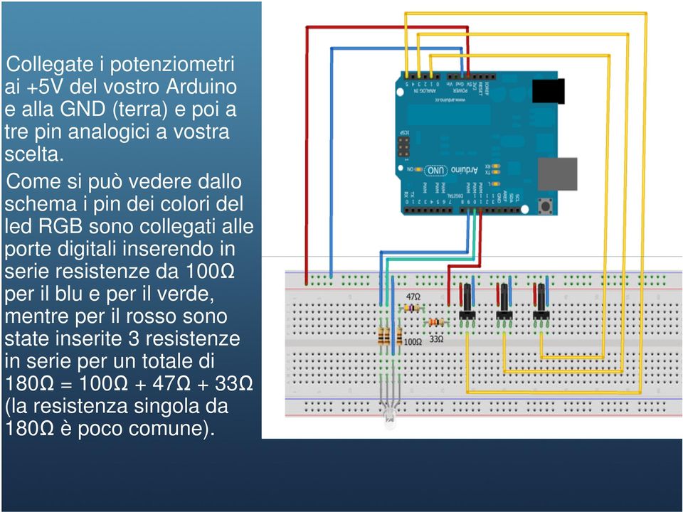 Come si può vedere dallo schema i pin dei colori del led RGB sono collegati alle porte digitali inserendo