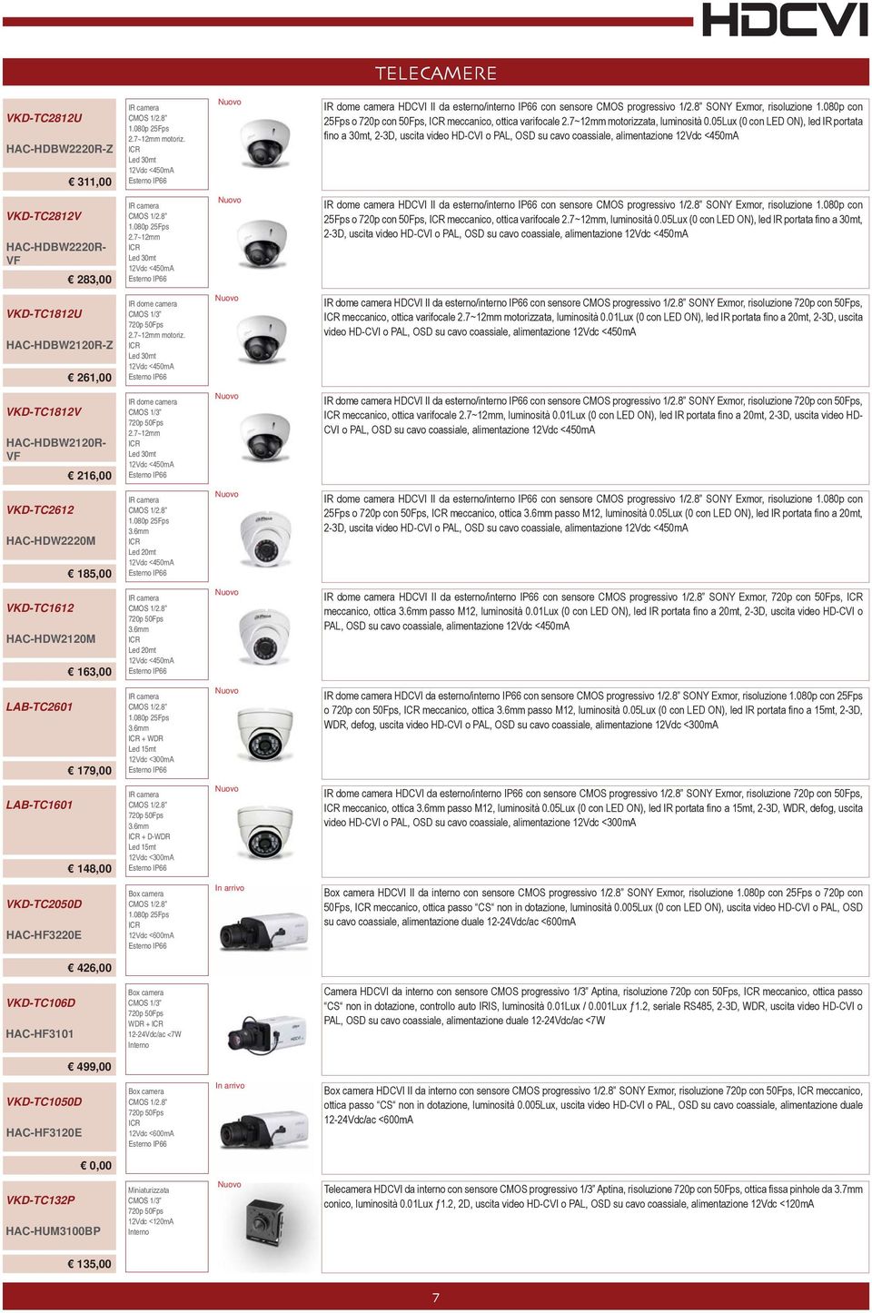 05Lux (0 con LED ON), led IR portata fino a 30mt, 2-3D, uscita video HD-CVI o PAL, OSD su cavo coassiale, alimentazione 12Vdc <450mA VKD-TC2812V HAC-HDBW2220R- VF 283,00 IR camera 1.080p 25Fps 2.